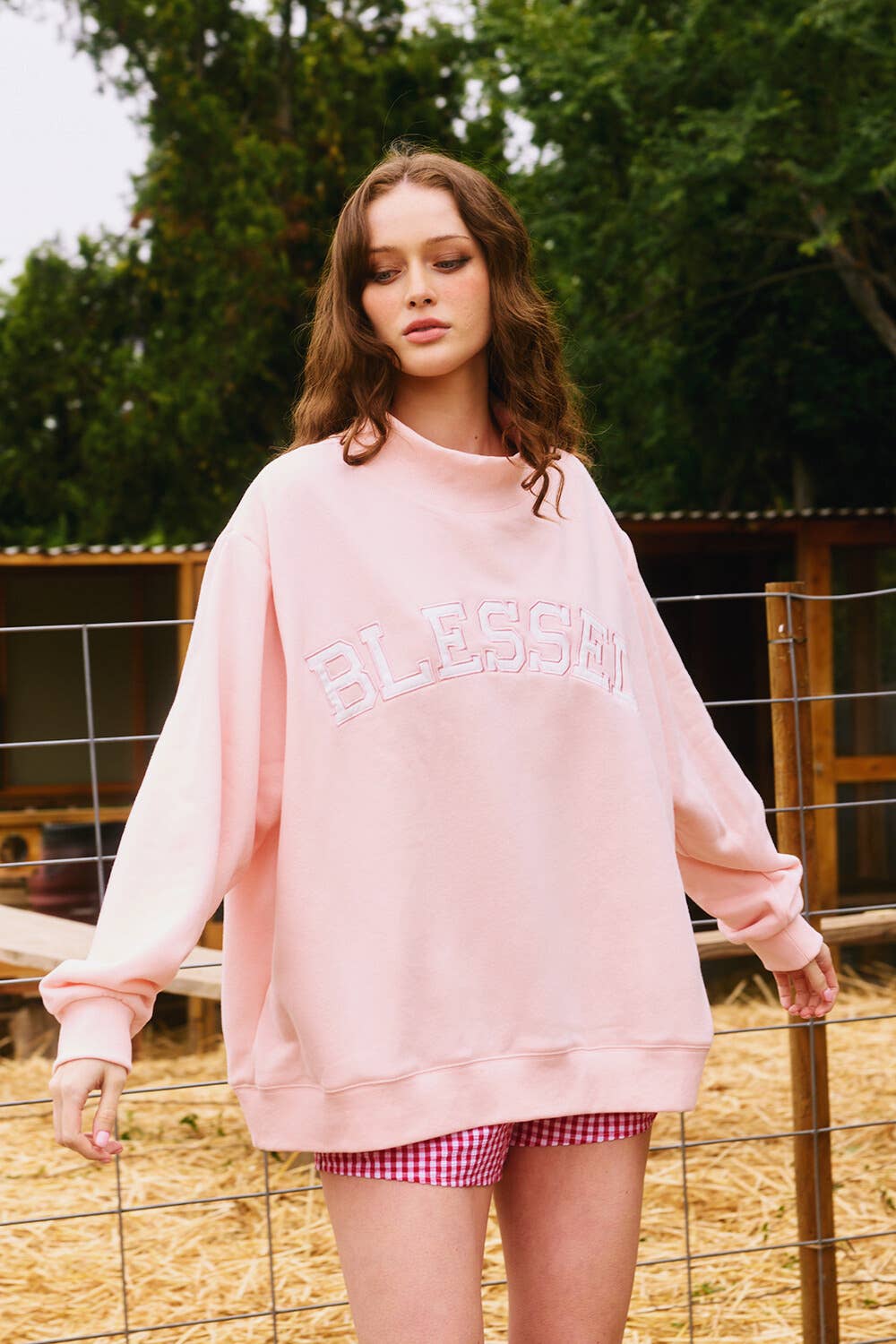 Blessed Embroidered Mockneck Sweatshirt : BABY PINK