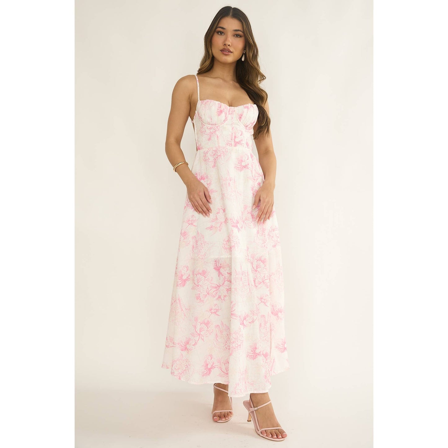 PINK RUCHED FLORAL MAXI DRESS