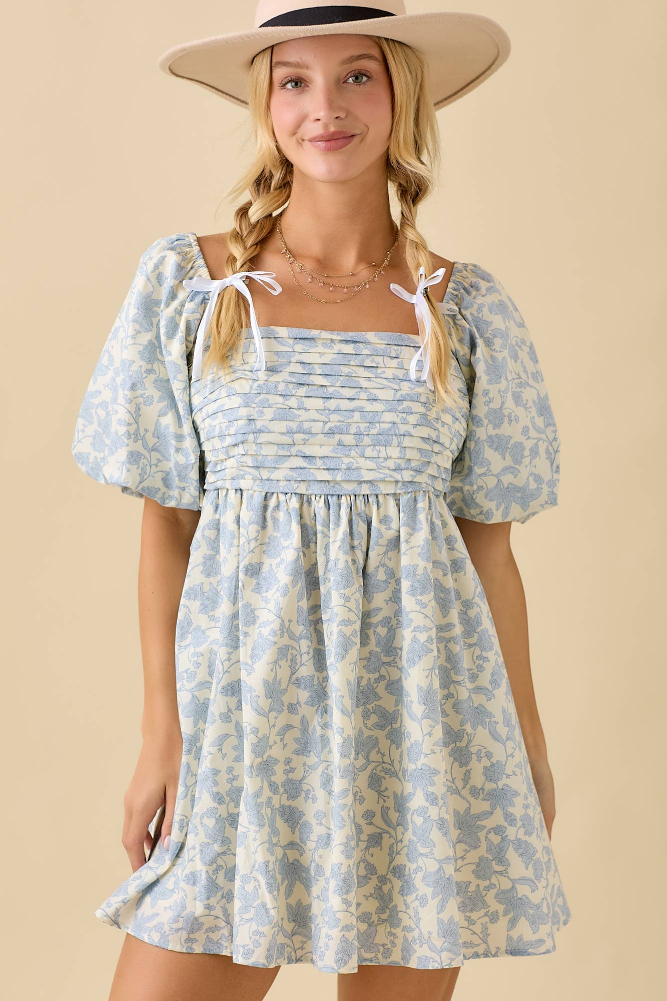 *Pleated Bubble Sleeve Mini Baby Doll Dress
