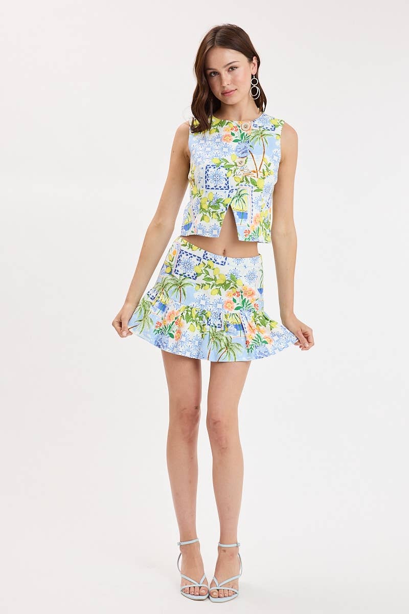 BREEZY TROPICAL SLIT VEST TOP & MINI SKORT SET